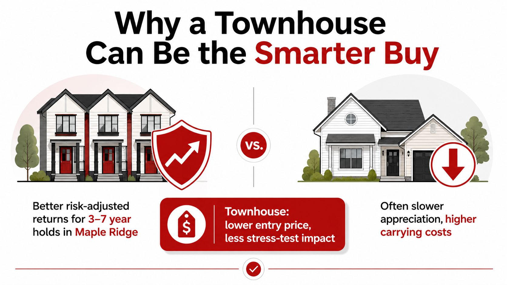 An infographic comparing townhouses to detached homes in Maple Ridge, highlighting financial and investment advantages.