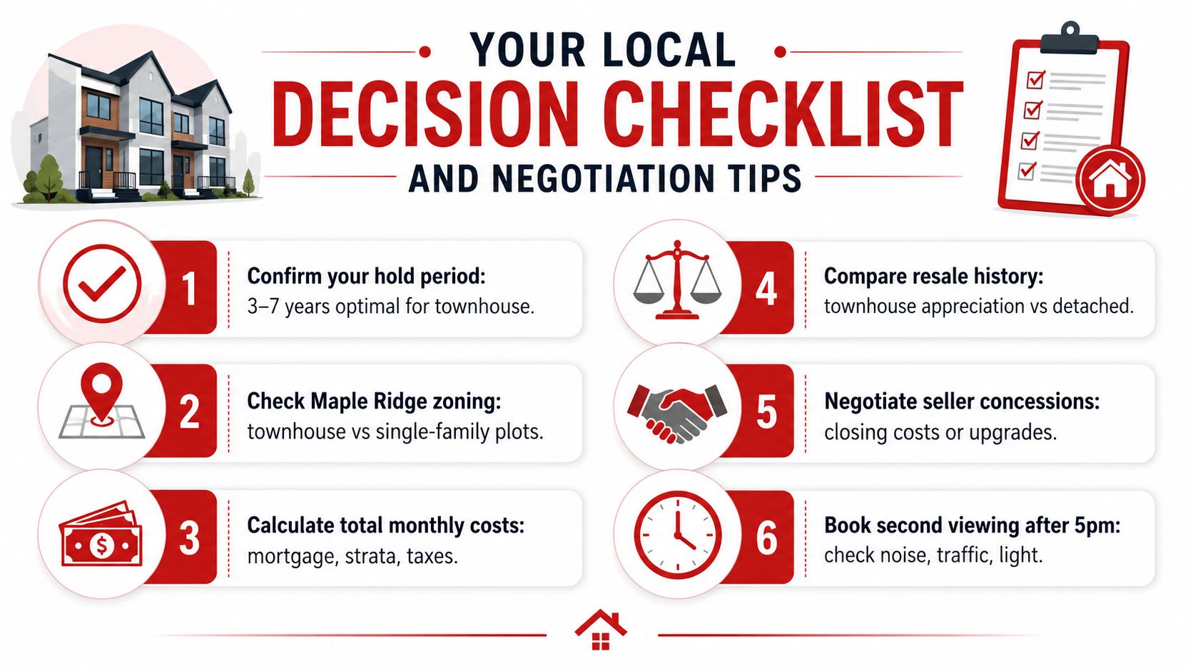 A checklist infographic titled Your Local Decision Checklist and Negotiation Tips for purchasing a townhouse property.