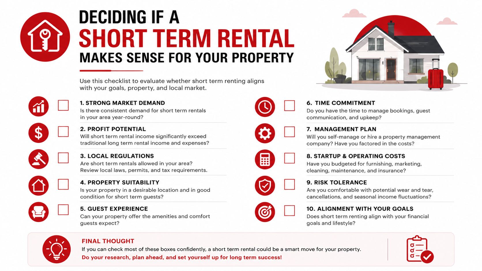A checklist for evaluating whether a property is suitable for the short term rental market.