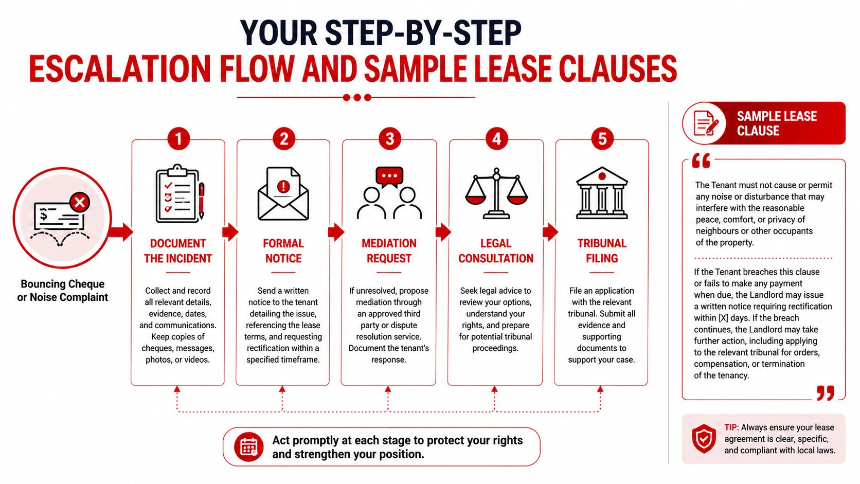 A five-step infographic showing the legal escalation process for handling landlord-tenant disputes regarding rent and noise issues.