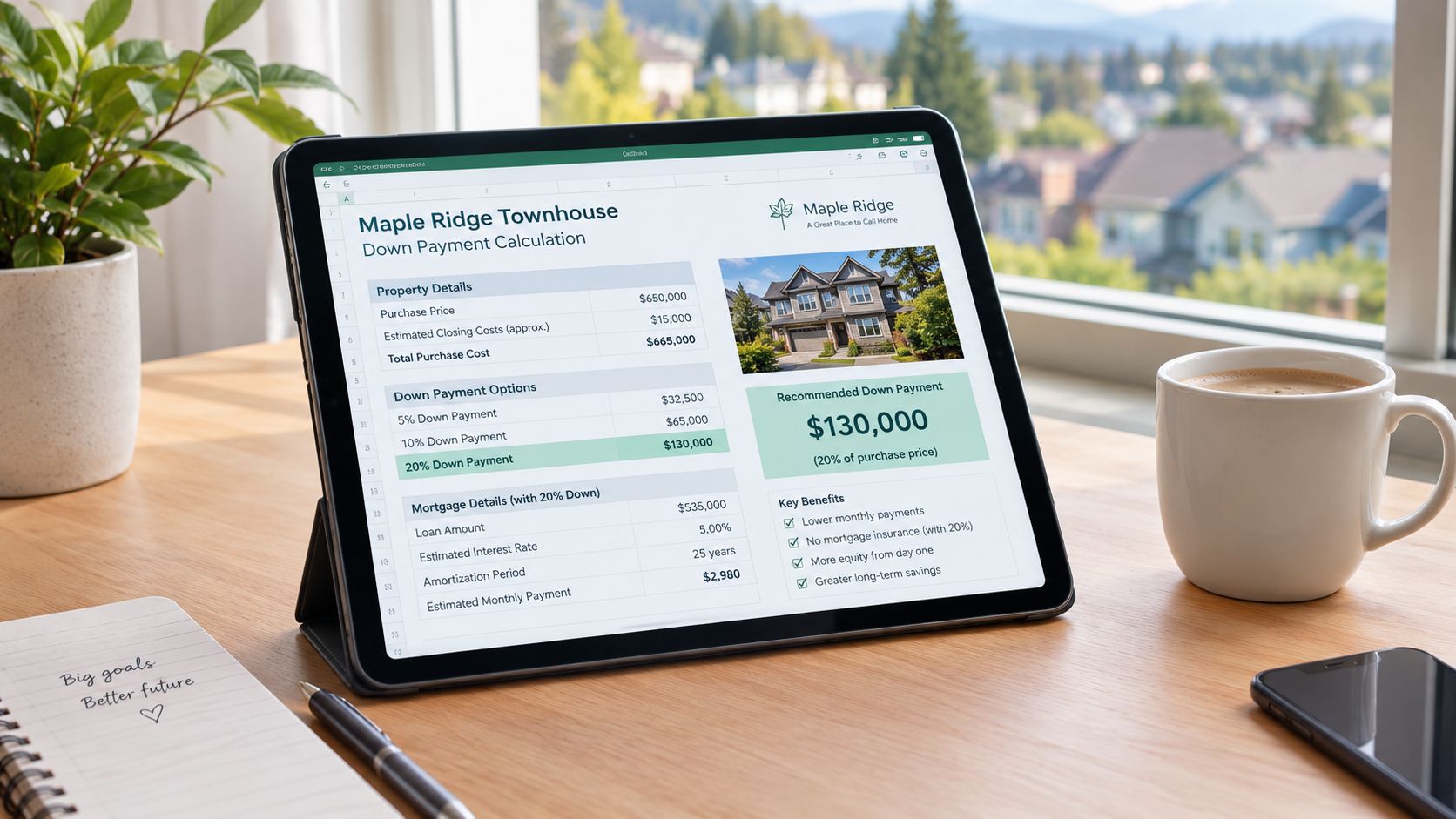 A digital tablet displaying a townhouse property down payment calculation document on a desk next to coffee.