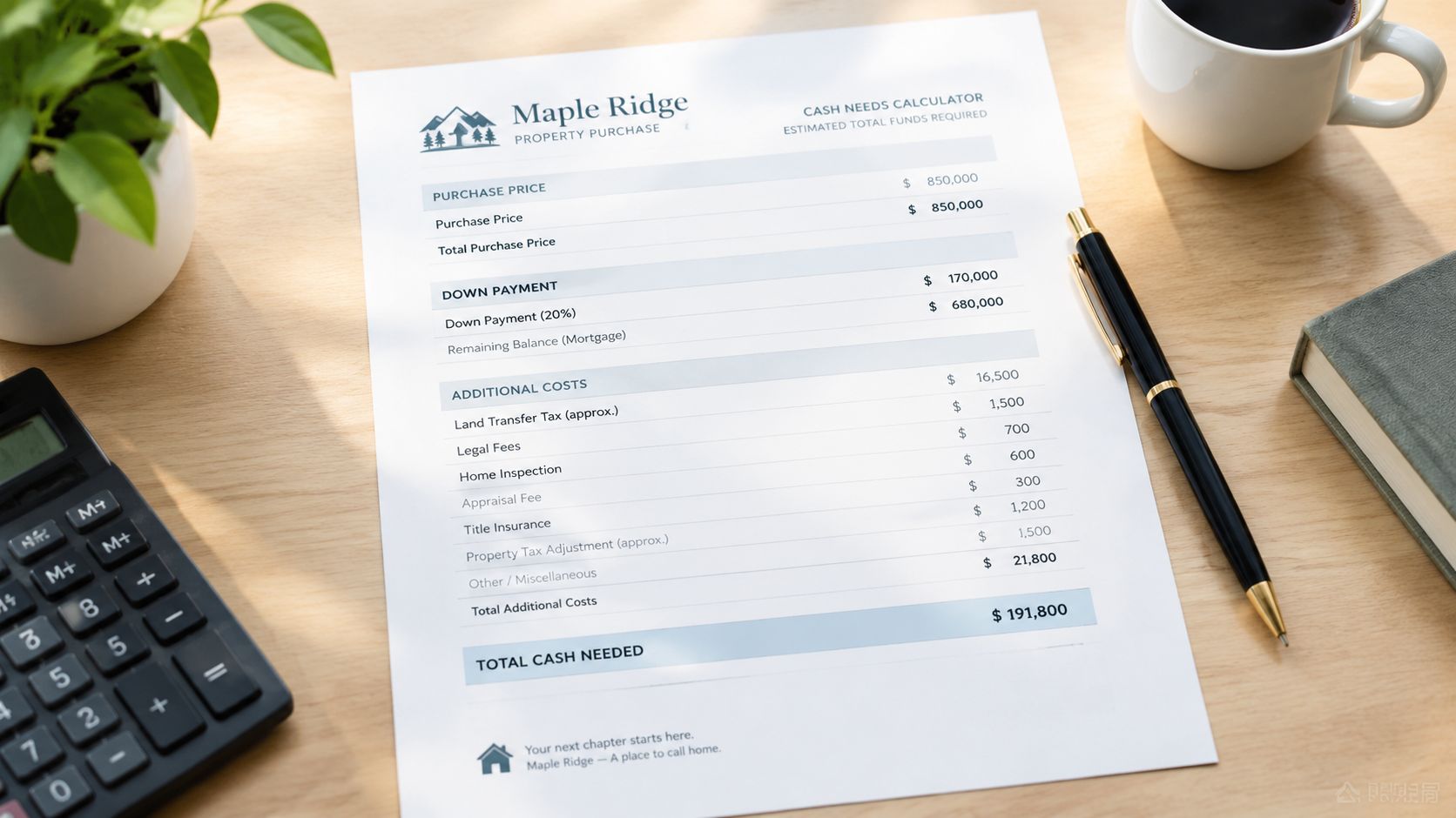 A printed Maple Ridge cash needs calculator for a property purchase sits on a desk with a calculator.