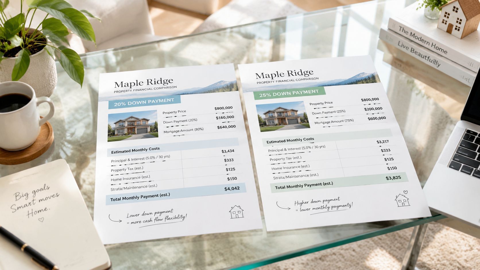A financial comparison sheet side-by-side on a desk showing property payments for 20% and 25% down.