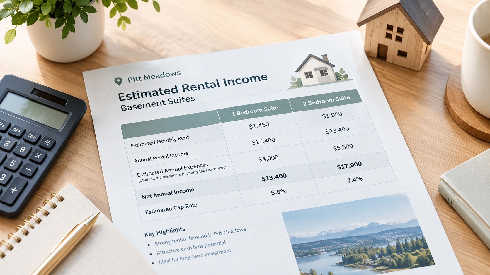 A document showing estimated rental income for one and two bedroom basement suites in Pitt Meadows, Canada.