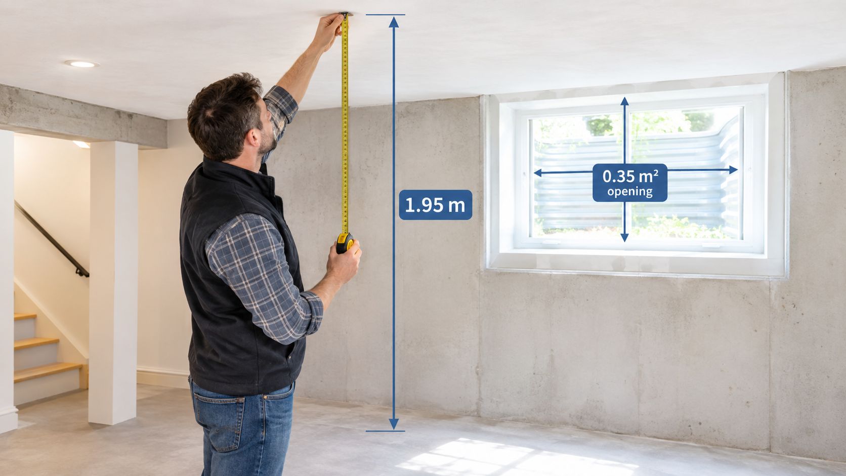 A professional contractor measures the basement ceiling height in a residential home for renovation purposes.