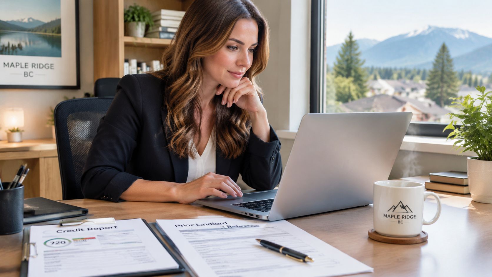 A professional woman reviewing rental property documentation on her laptop in a Maple Ridge home office.