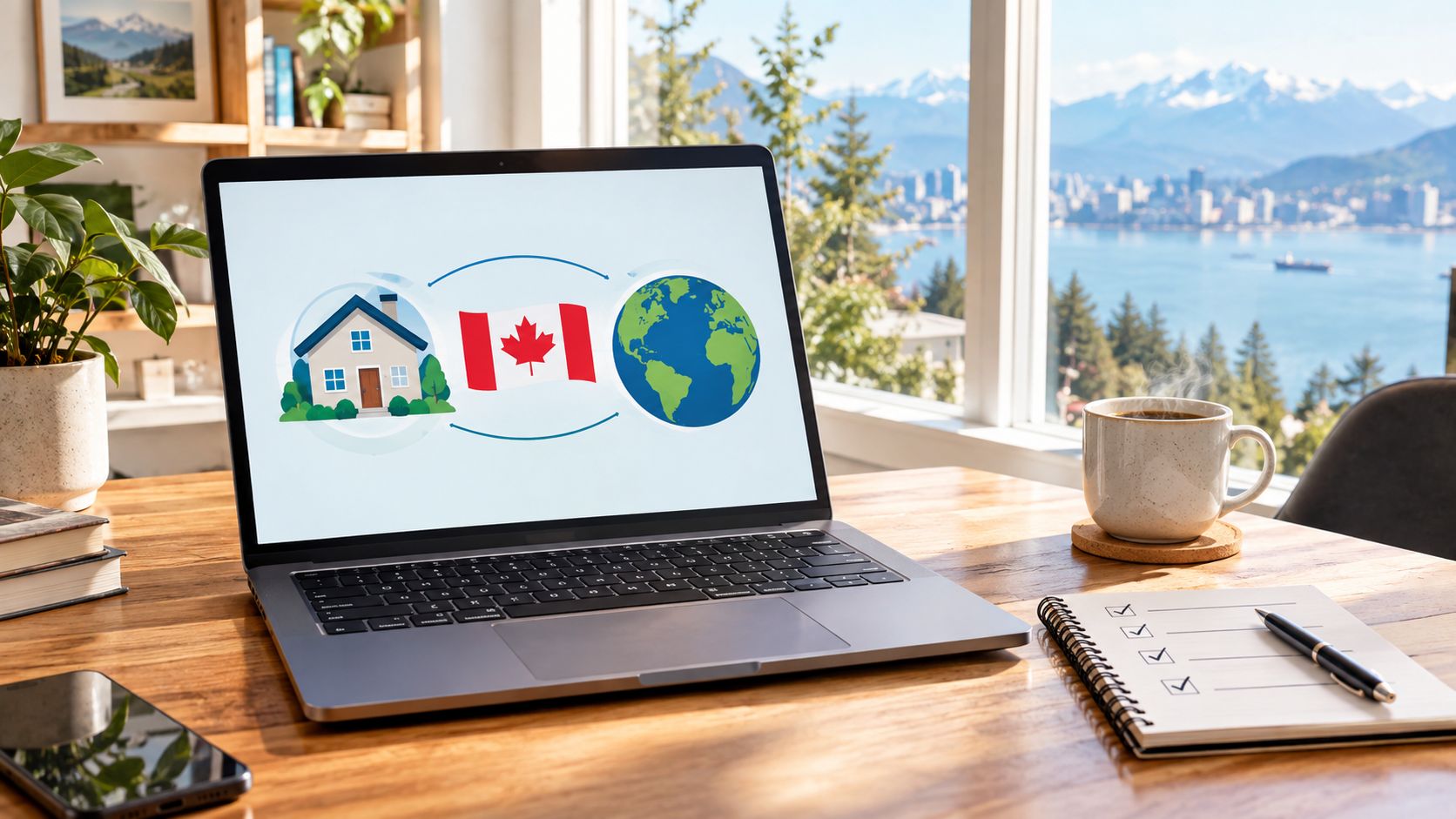 A laptop on a wooden desk showing a graphic of a house, Canadian flag, and globe illustration.