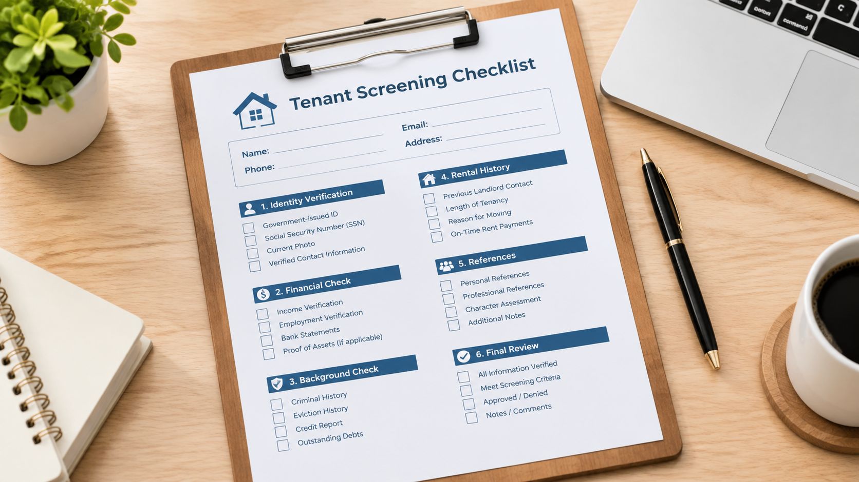 A printed tenant screening checklist on a clipboard with a pen on a wooden office desk.