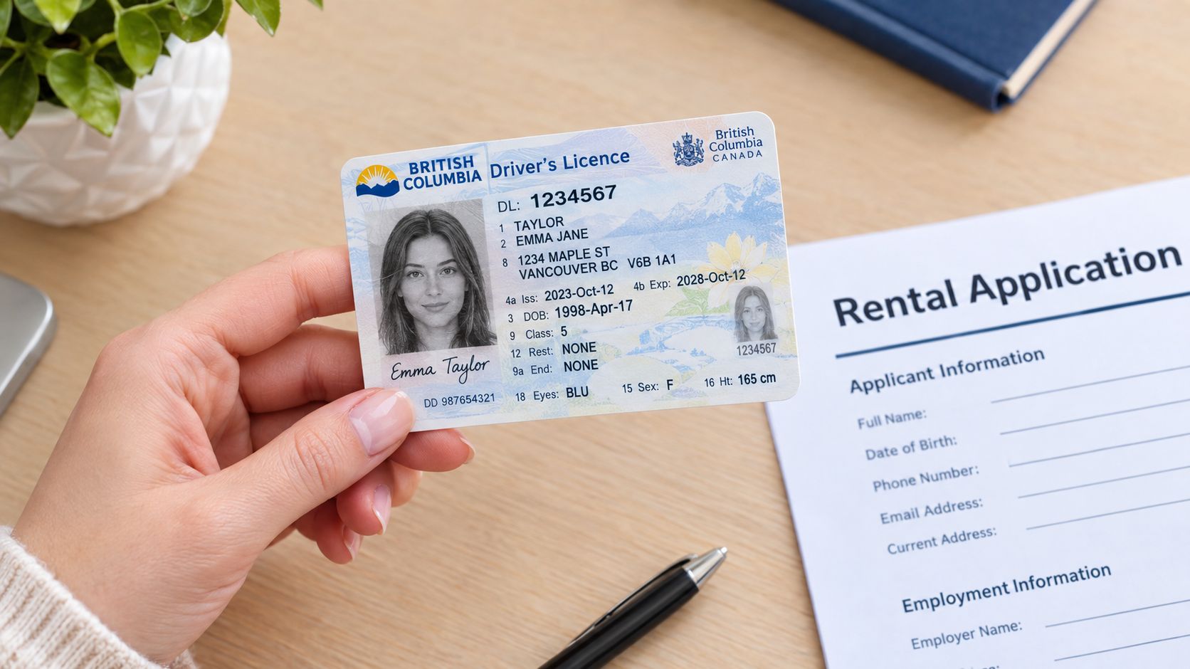 A hand holding a British Columbia driver's license next to a rental application form on a table.