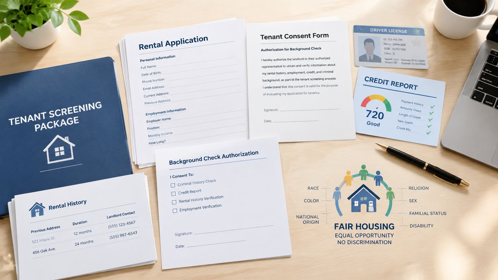 A top-down view of a tenant screening package with rental application forms, background checks, and identity documents.