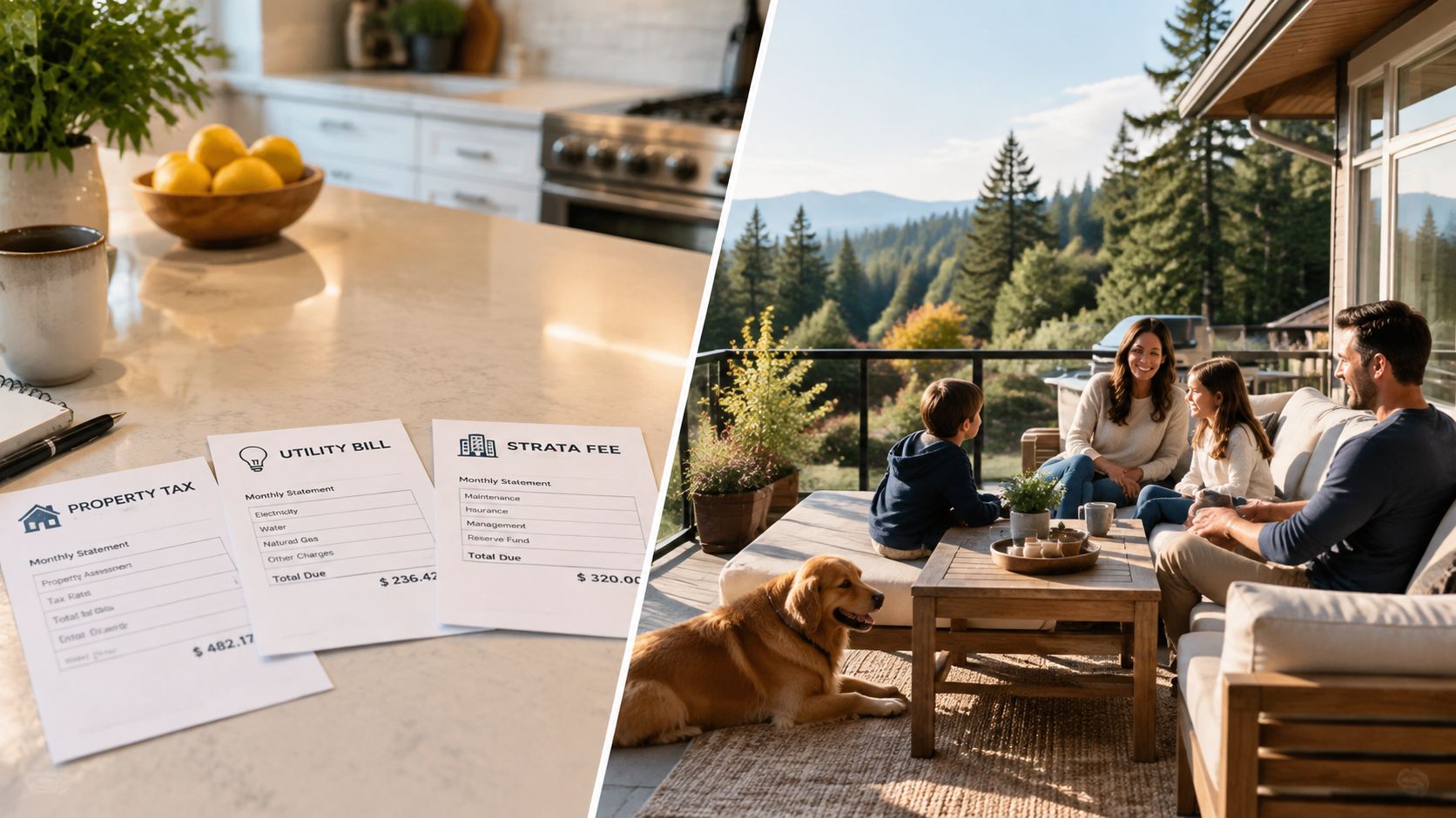 A split image showing household bills on a kitchen counter and a family relaxing on a sunny patio.