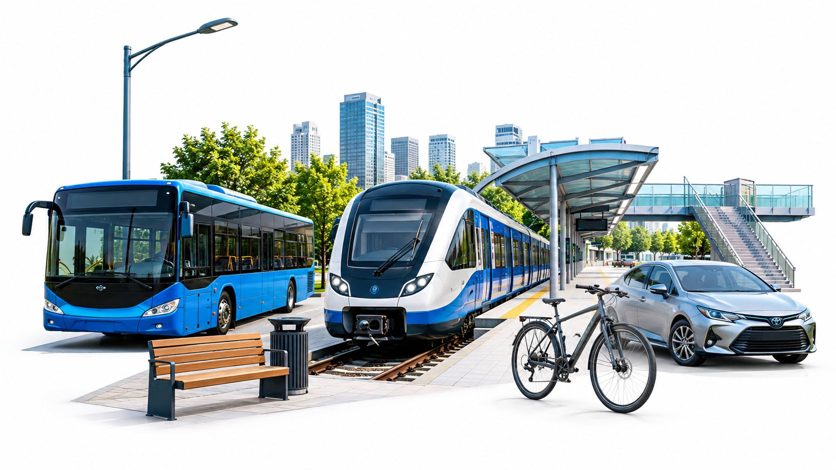 A modern transit hub featuring a blue bus, a passenger train, a bicycle, and a car.