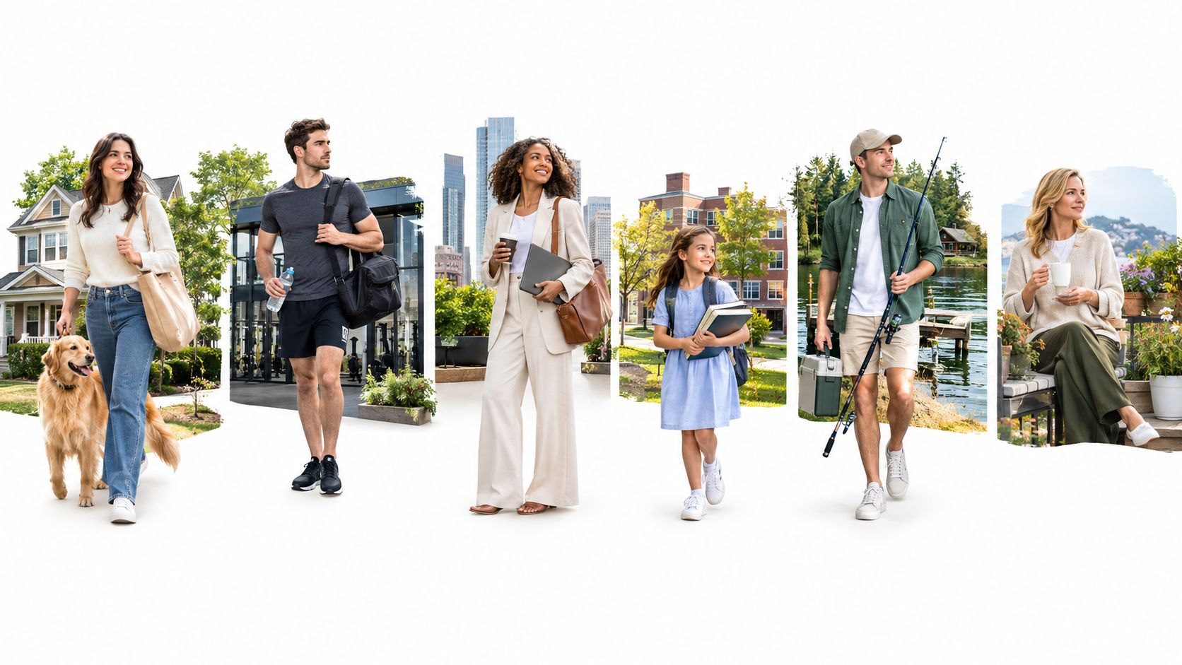 A diverse group of people showing different life stages, from city living to nature and relaxation.