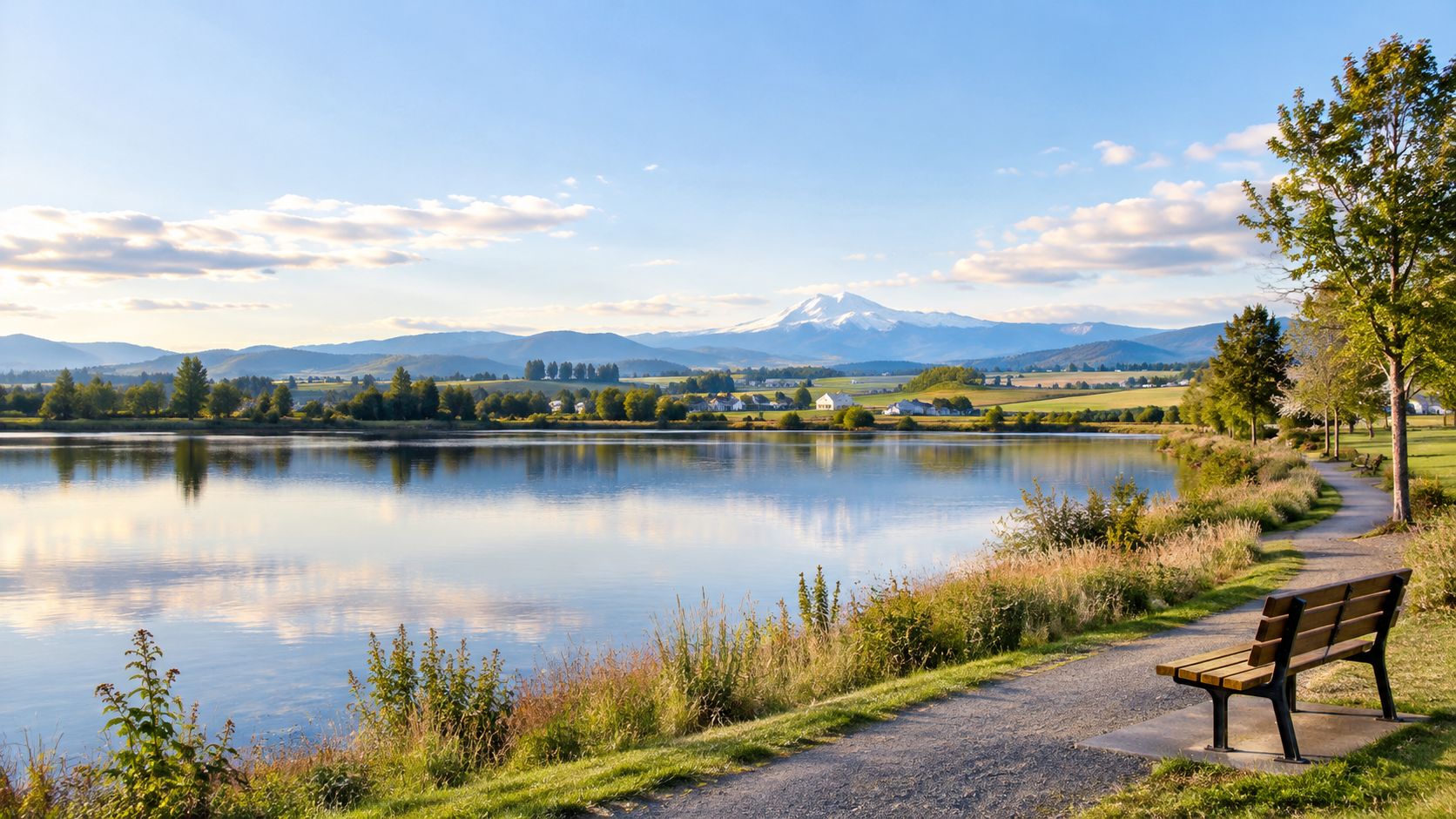 A scenic park bench overlooking a serene lake with a snow-capped mountain in the distant background.