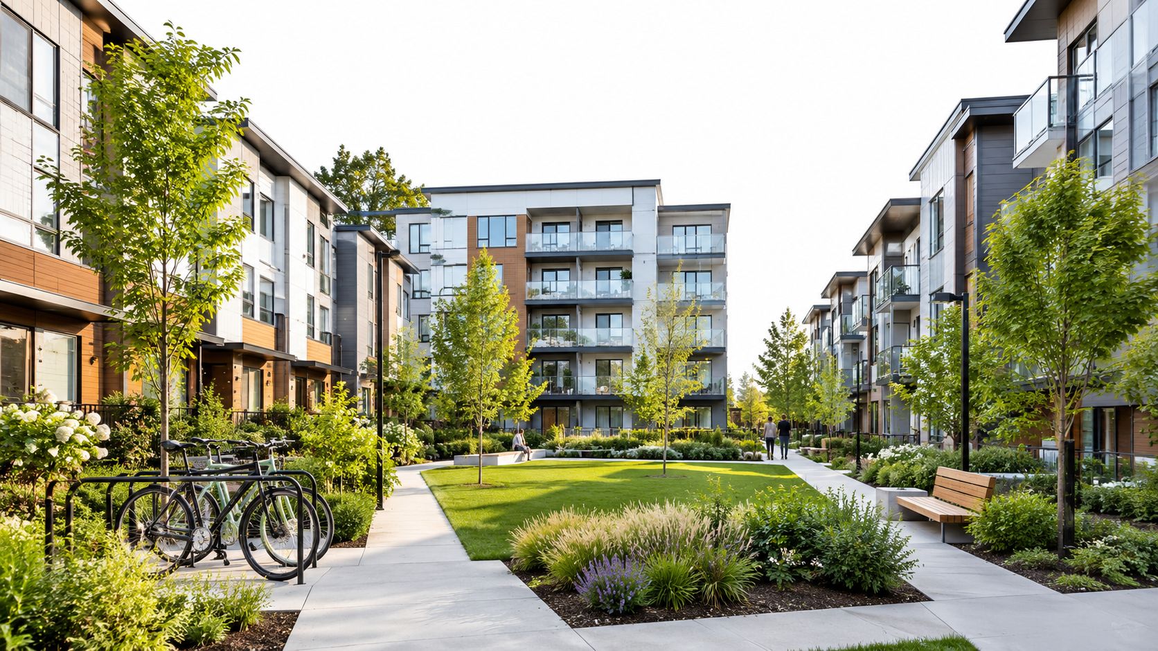 A modern apartment complex with a landscaped courtyard, green lawn, and bicycle racks in a residential neighborhood.