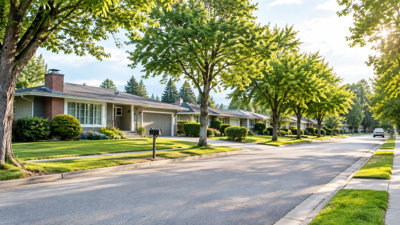 A quiet residential street in an Abbotsford neighborhood featuring well-maintained houses, green lawns, and mature shade trees.