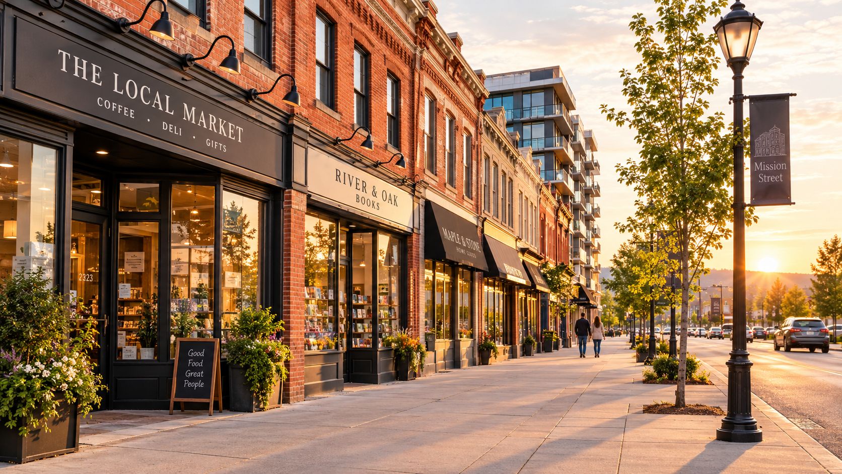 A picturesque downtown street scene with brick storefronts, a bookstore, and people walking at sunset.