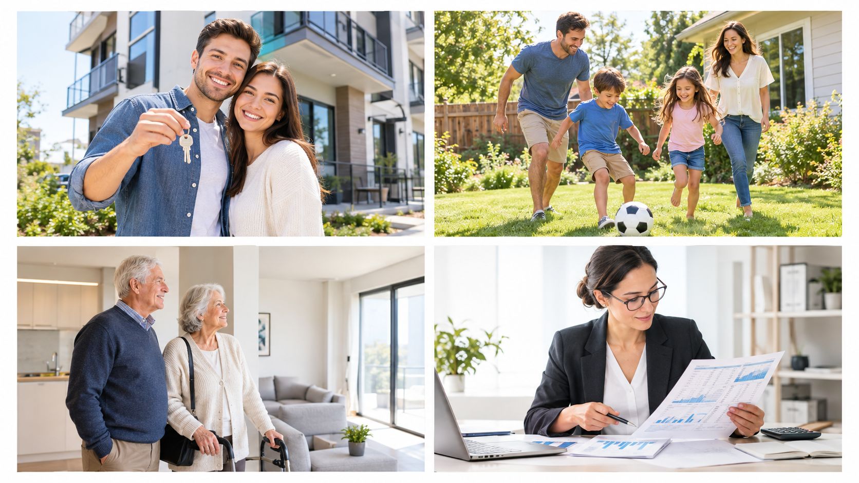 A collage showing a happy couple with keys, a family playing soccer, seniors in a house, and a businesswoman.