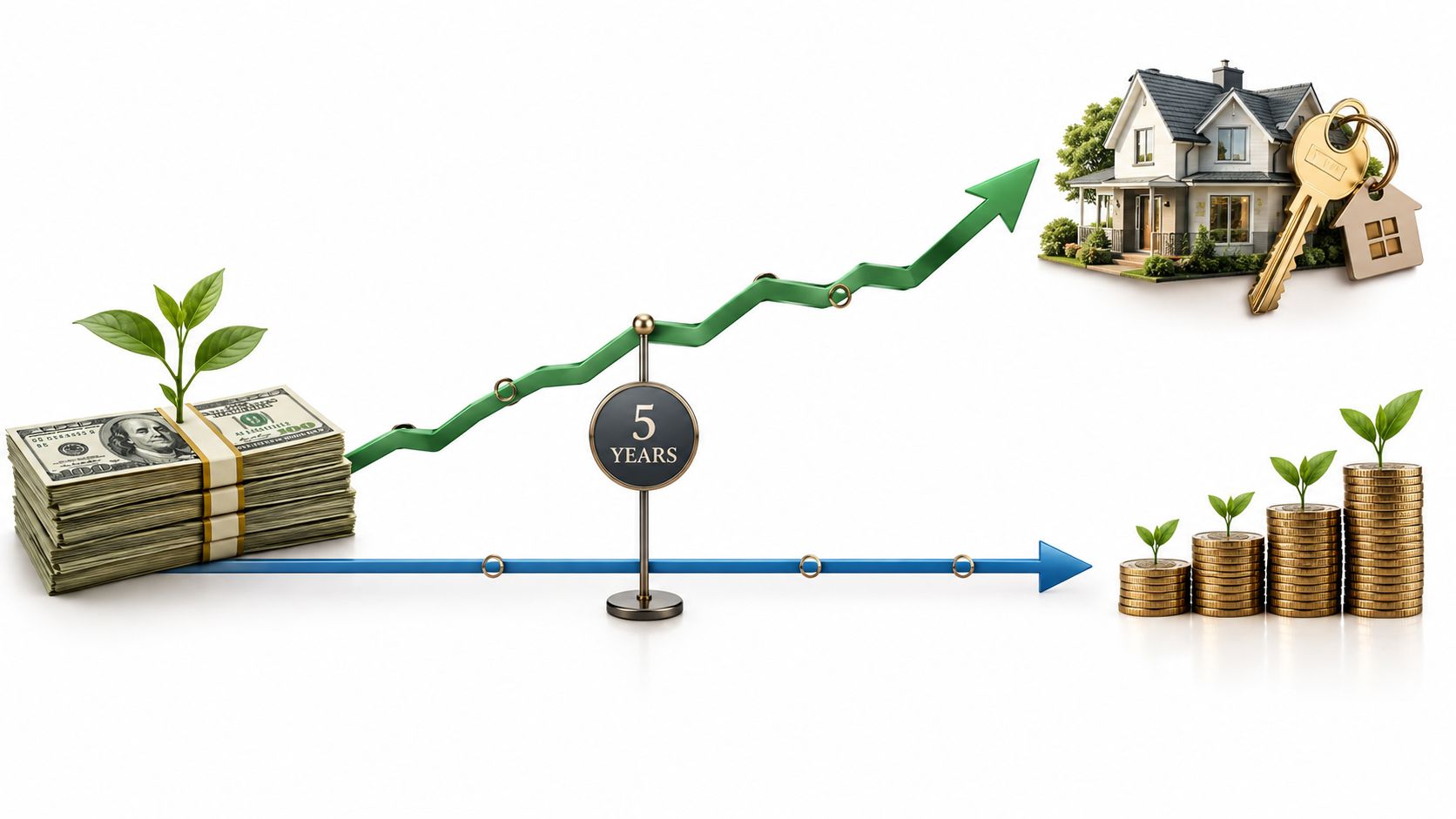 A conceptual illustration comparing capital investment in real estate over five years against growing savings.