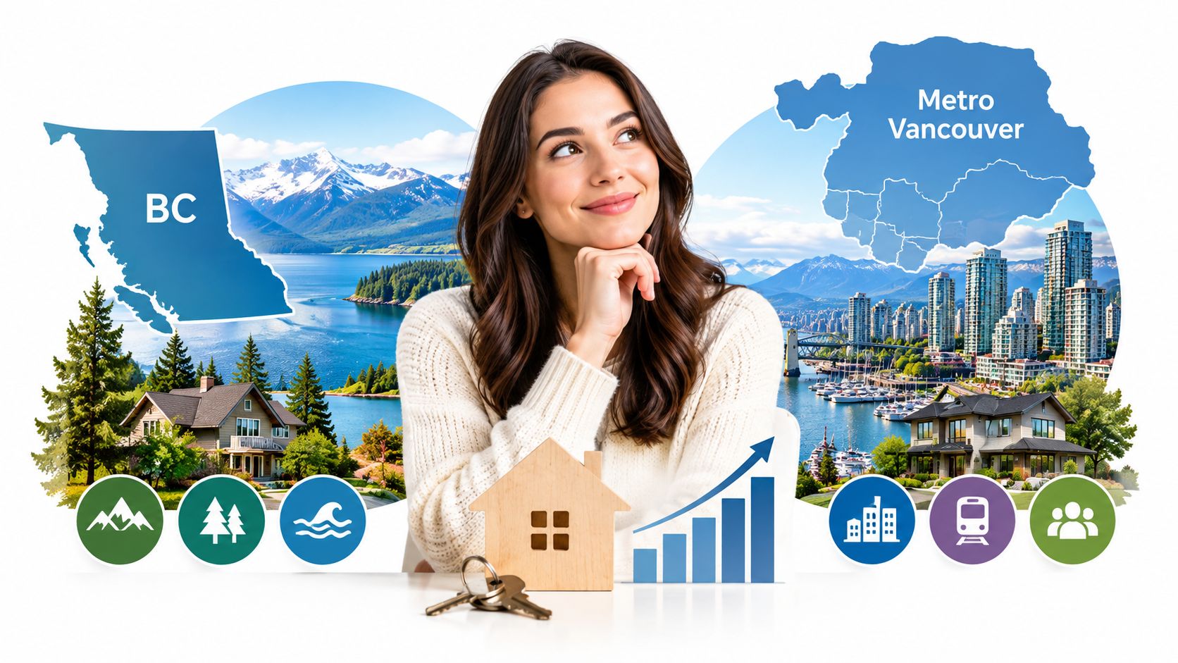 A woman thinking about real estate investment in British Columbia with house icons and growth charts.