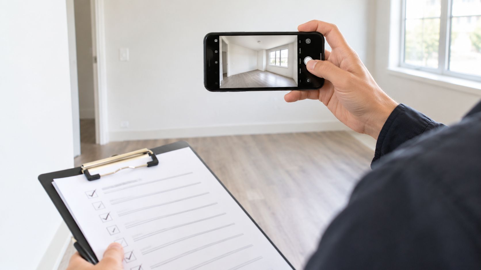 A property manager uses a smartphone to photograph an empty room while holding a tenant checklist clipboard.