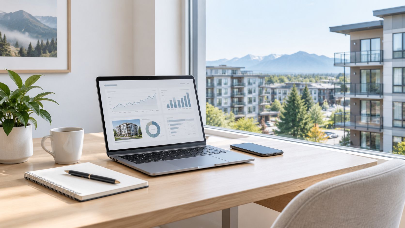 A modern home office setup with a laptop showing real estate analytics near a window view.