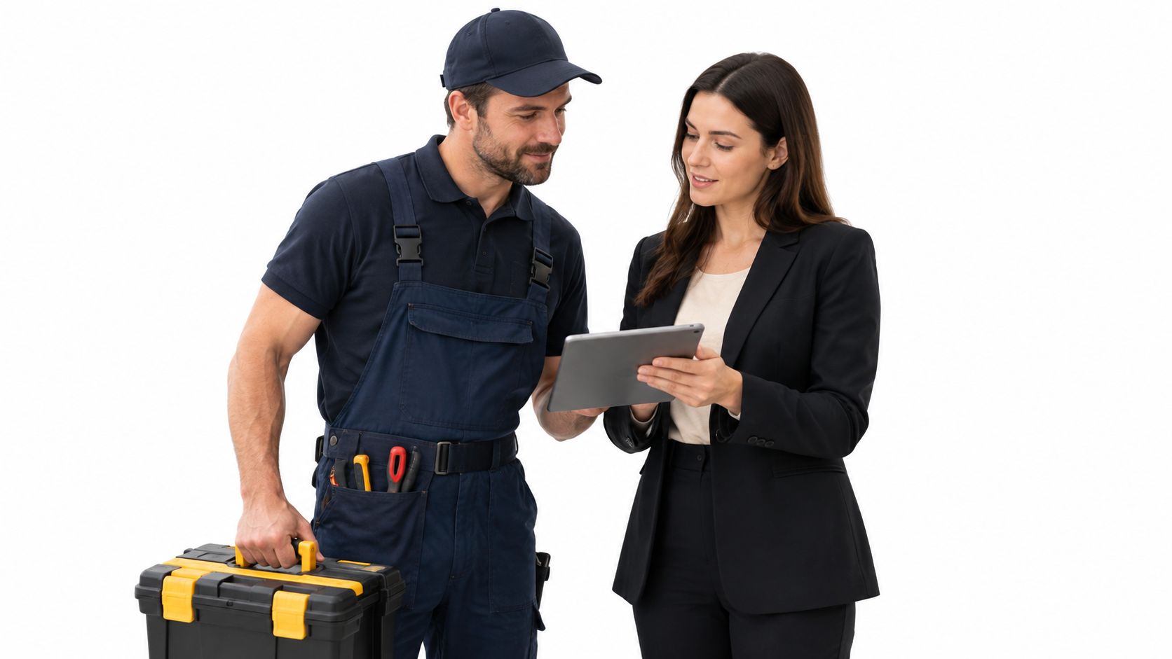 A professional property manager shows a digital tablet to a repairman carrying a toolbox, discussing maintenance services.