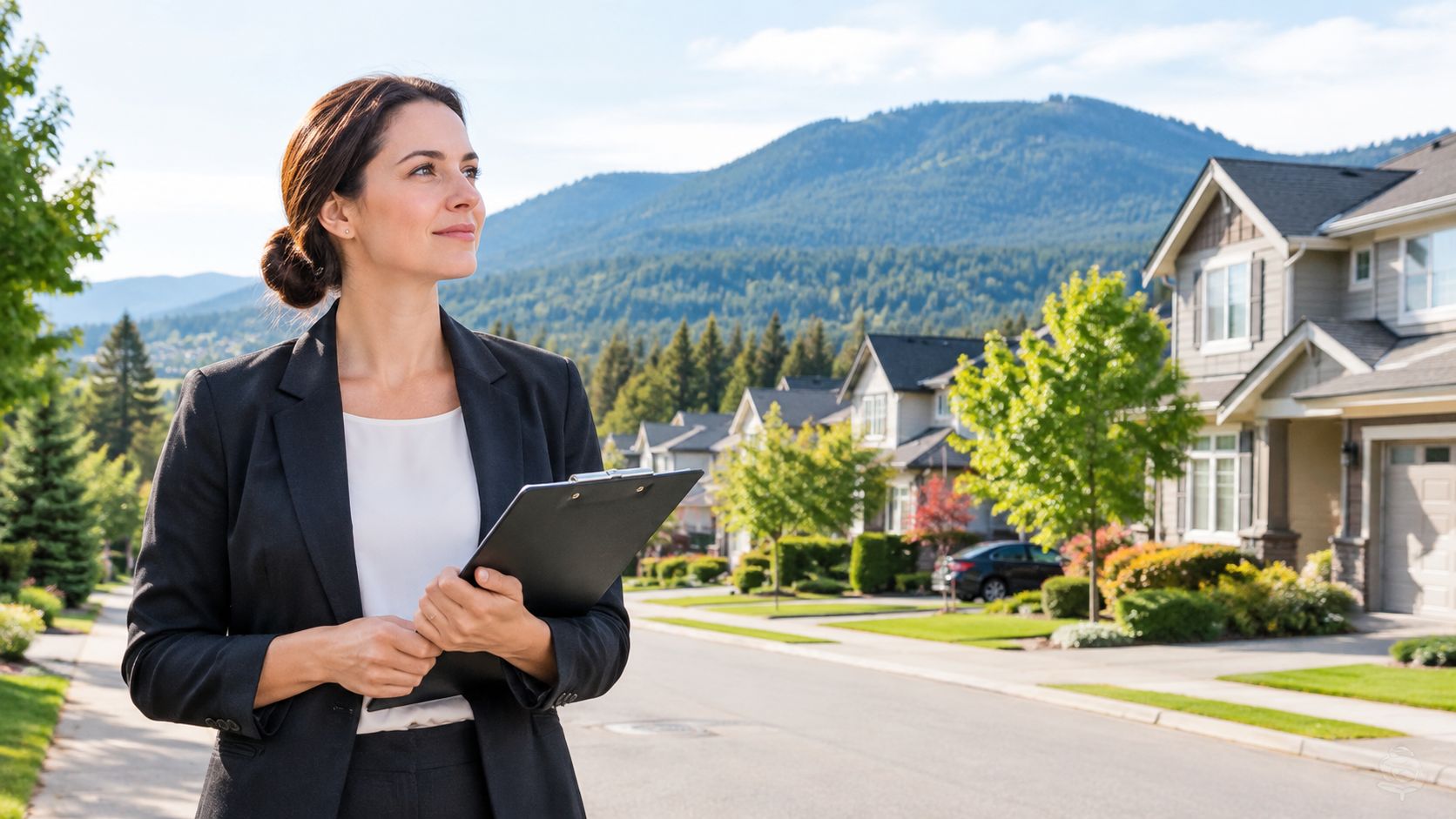 A professional female realtor holding a clipboard while standing in a quiet residential neighborhood with mountains.
