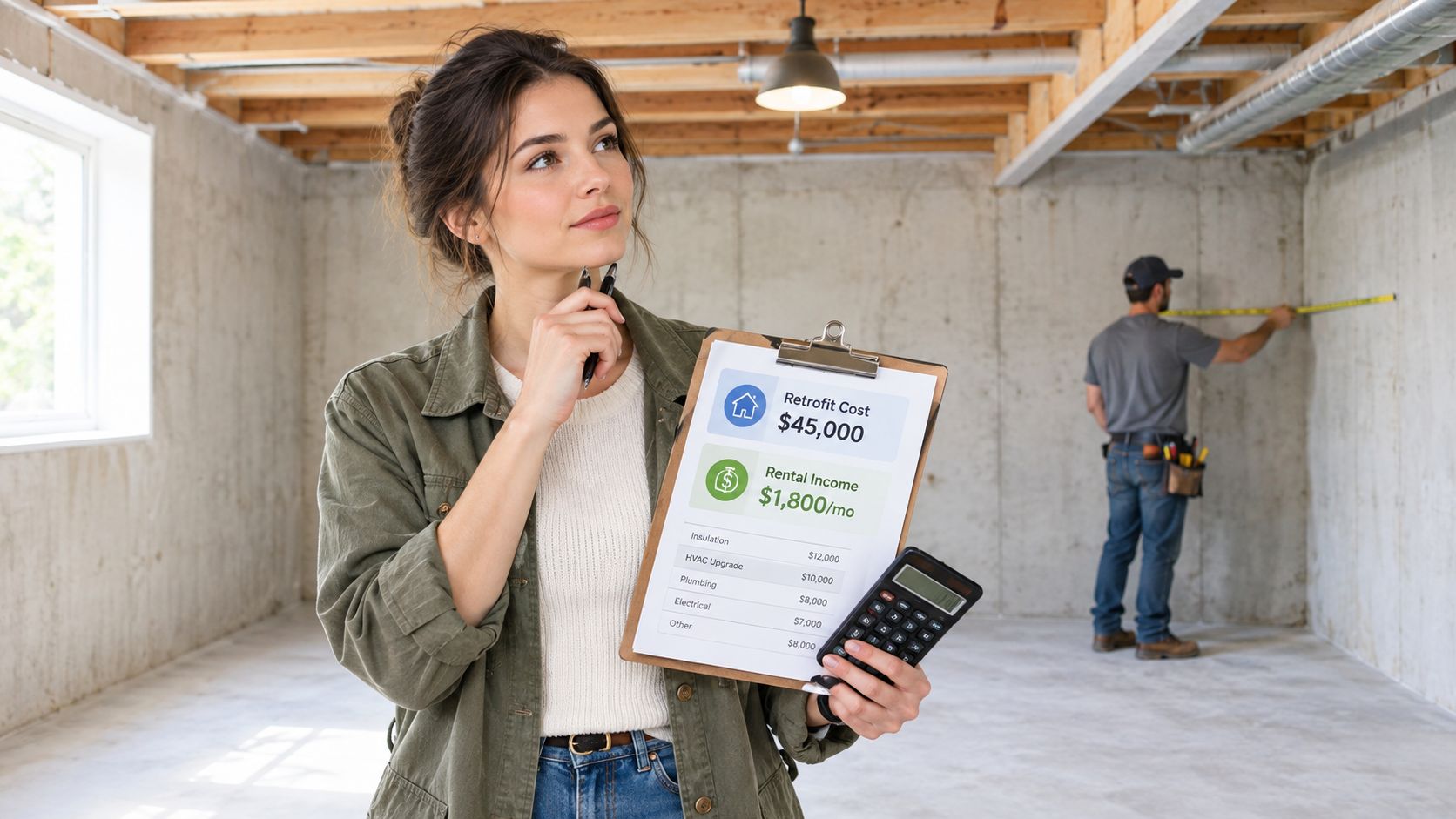A woman holding a clipboard with renovation cost estimates while a contractor measures a basement wall.