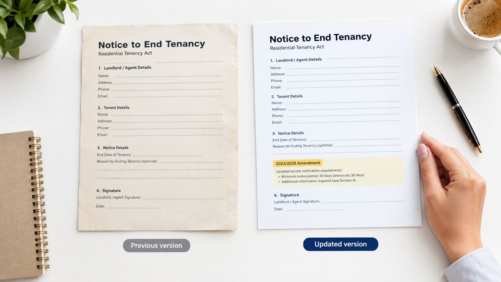 A side-by-side comparison of a previous and updated Notice to End Tenancy form for residential rentals.