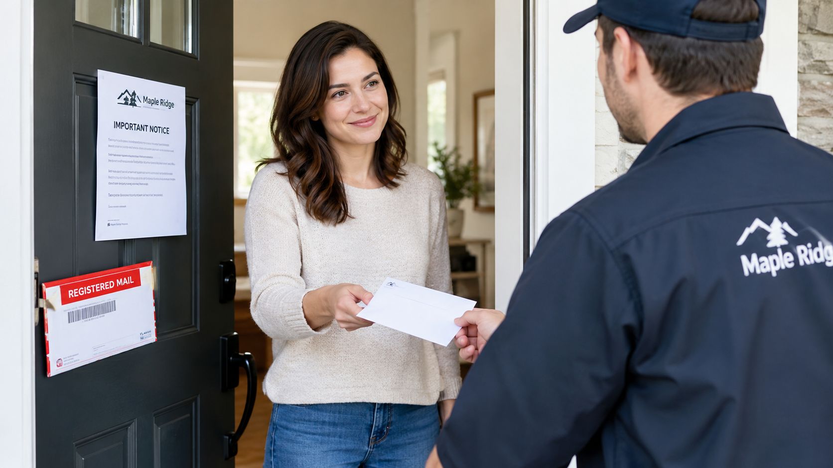 A delivery worker hands a registered mail envelope to a resident at her front door.