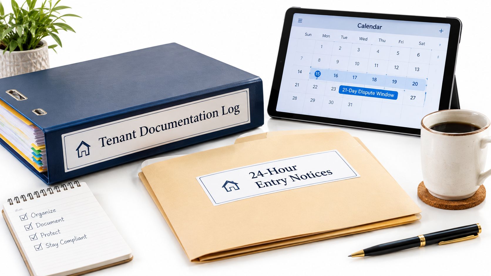 A organized desk featuring a tenant documentation log binder, entry notices folder, tablet calendar, and checklist.