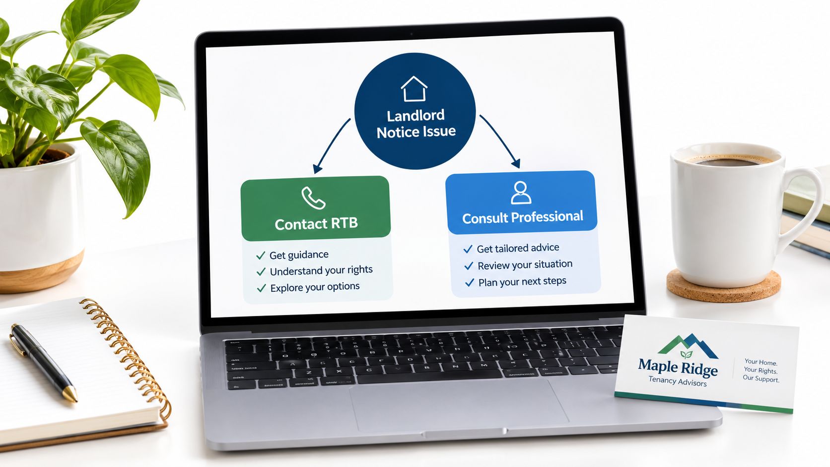 A laptop on a desk displaying a flowchart about how to handle a landlord notice issue.