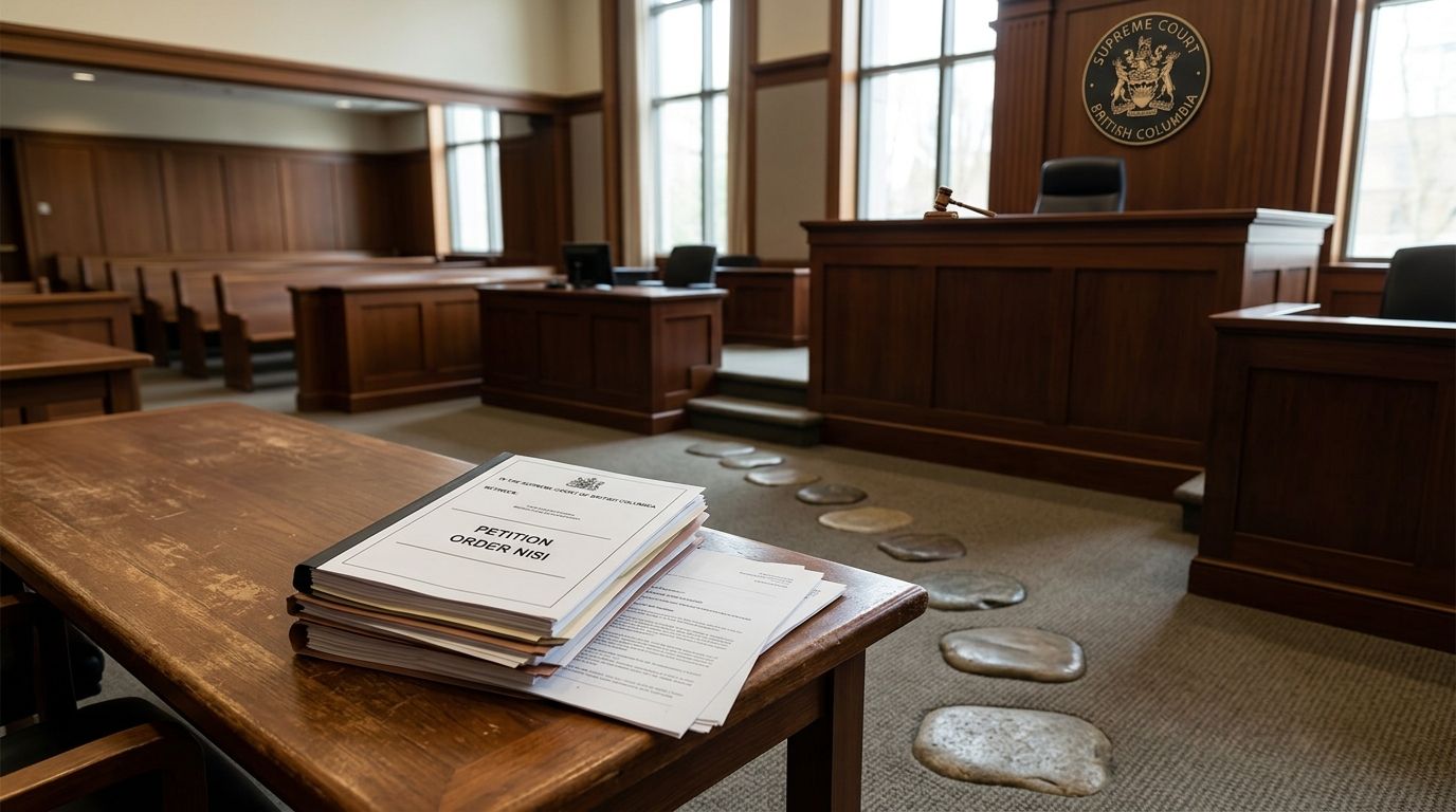 A stack of legal documents titled Petition Order Nisi resting on a desk in a British Columbia courtroom.