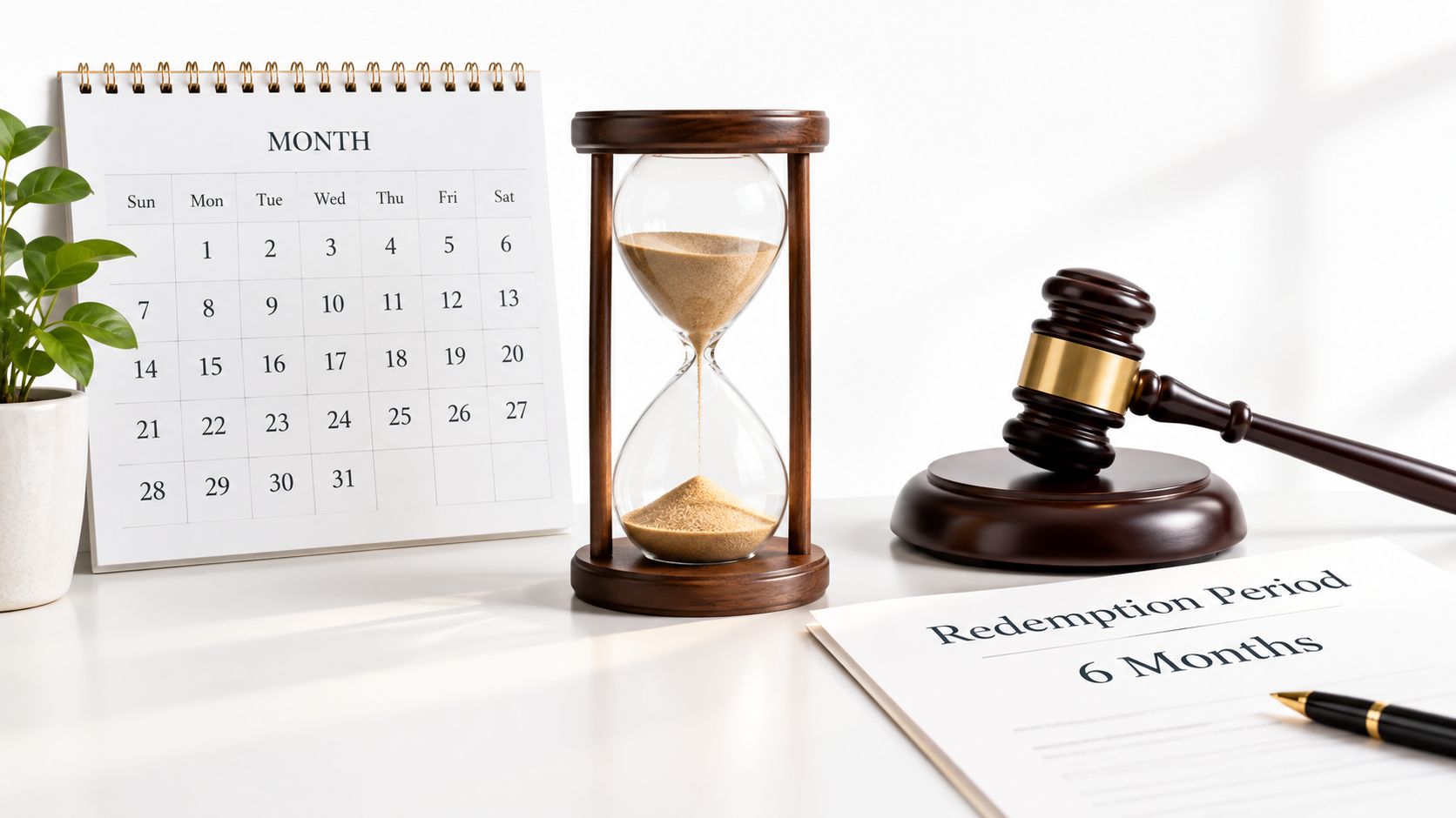 A gavel, an hourglass, and a calendar on a desk symbolizing legal home foreclosure redemption periods.