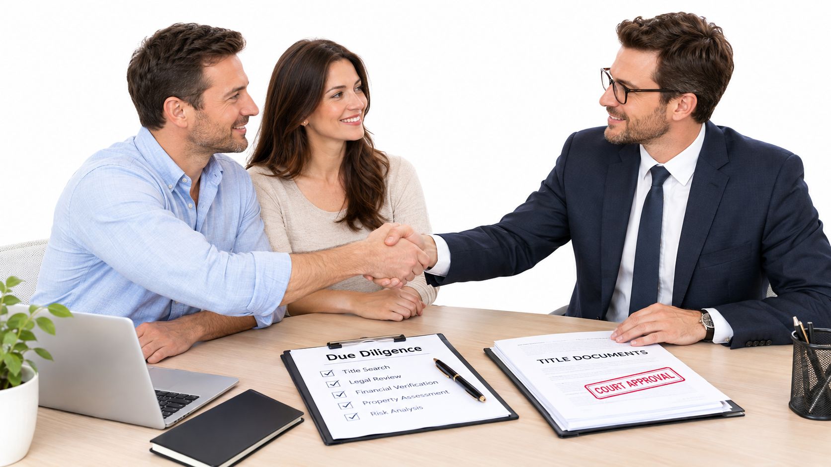 A professional real estate consultant shakes hands with a couple after completing the home foreclosure due diligence process.