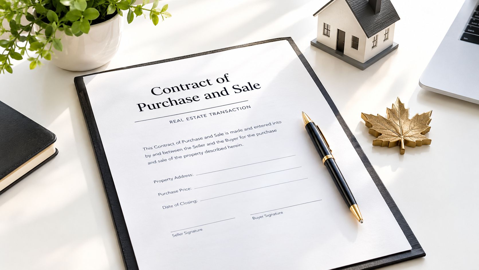 A real estate contract, pen, decorative house model, and maple leaf symbol arranged on a white desk.