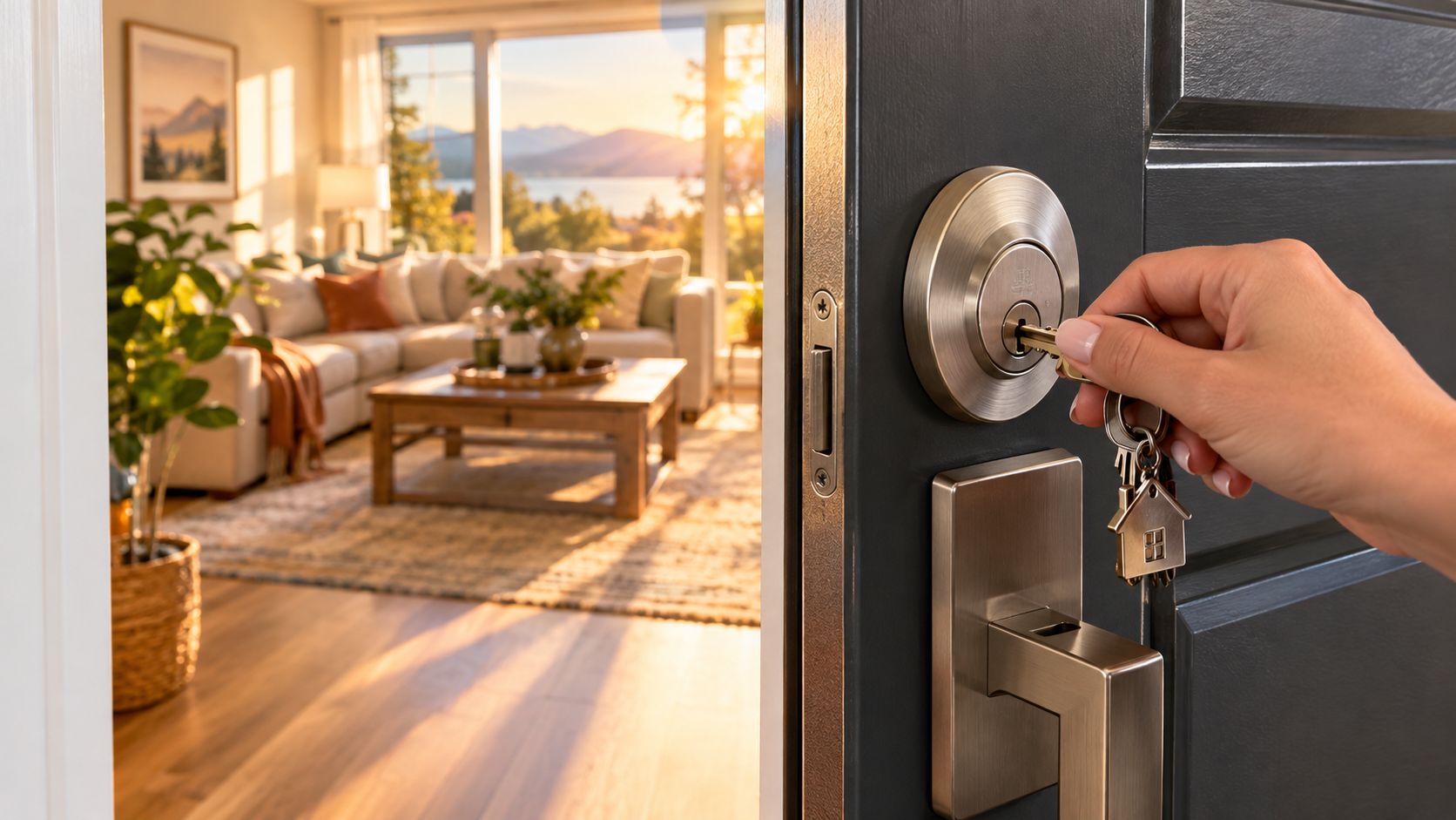 A hand holding a key and turning it in a door lock, opening into a bright living room.