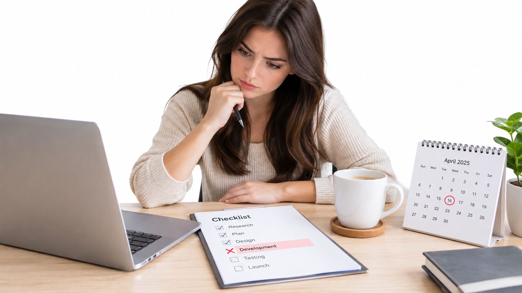 A focused woman reviewing a project checklist with a laptop and April 2025 calendar on her desk.
