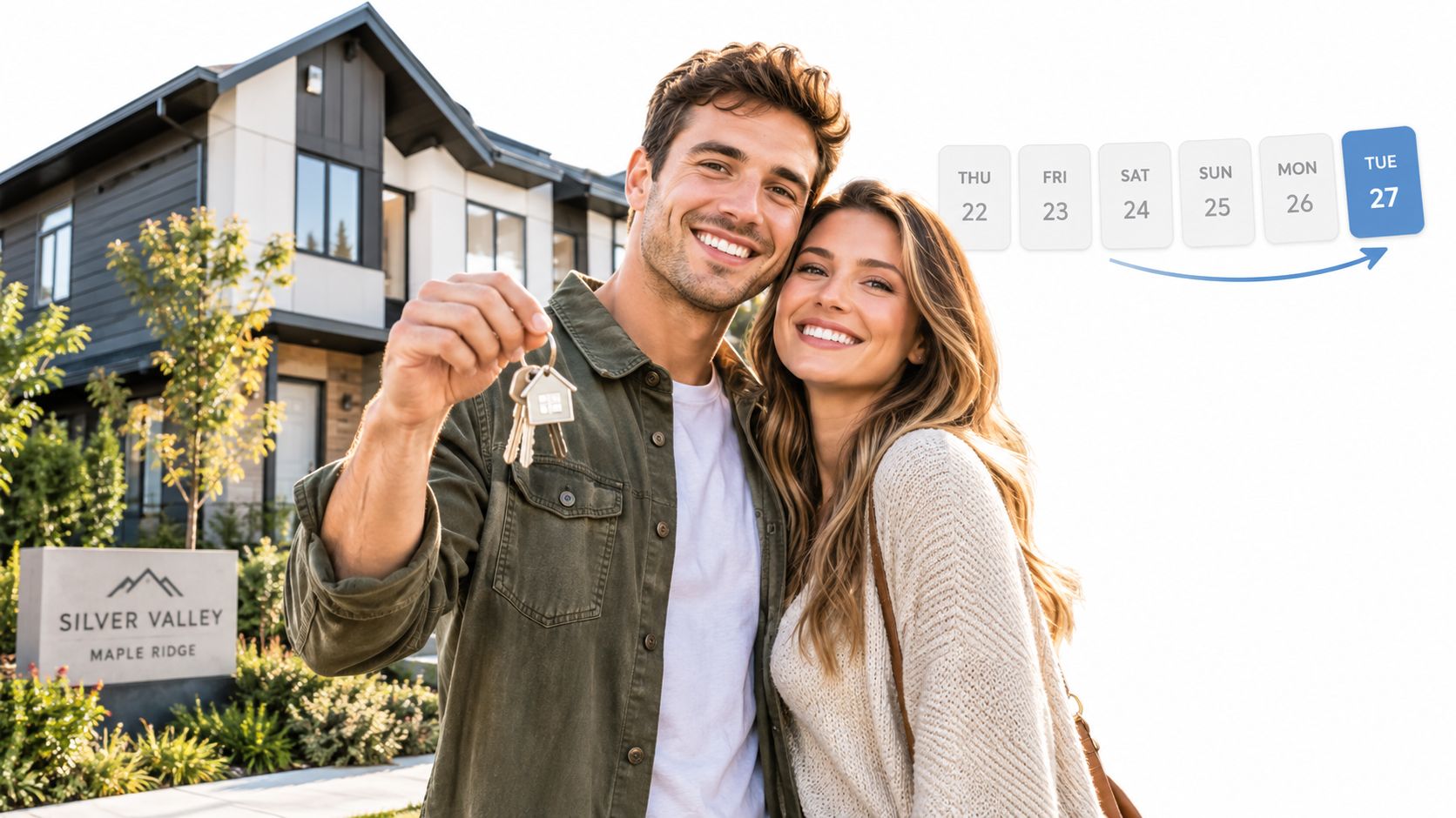 A happy couple standing in front of their new home holding up house keys with a calendar graphic.