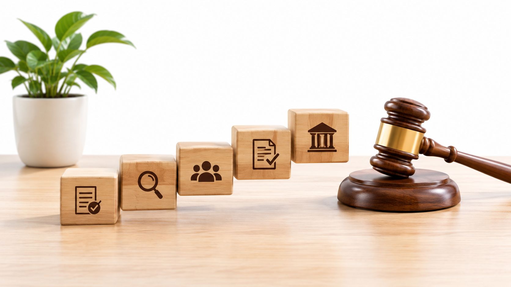 A gavel and wooden blocks with legal icons on a desk representing foreclosure and legal processes.