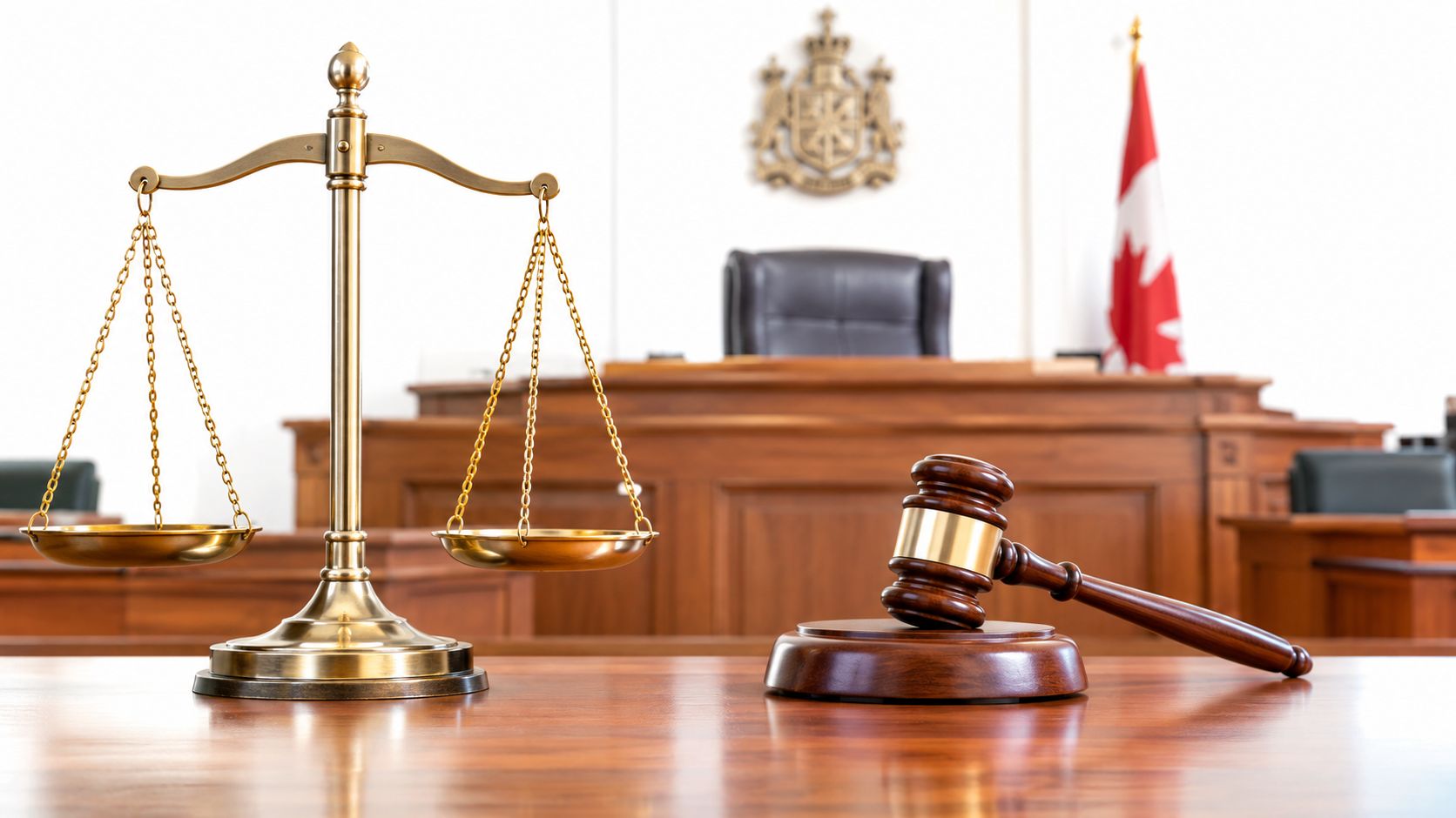 A courtroom setting with a golden scale of justice and a wooden judge's gavel on a desk.