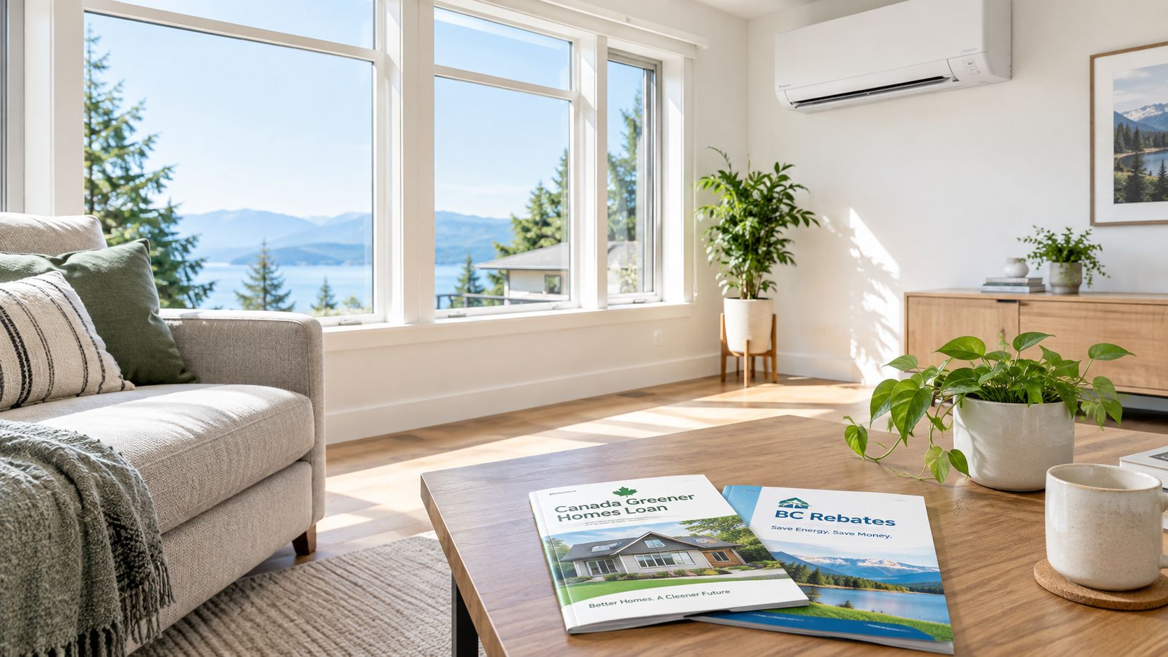 A modern living room with a coffee table holding Canada Greener Homes Loan and BC Rebates brochures.