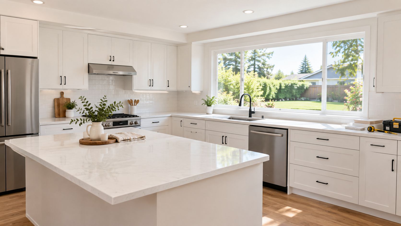 A modern, bright kitchen renovation featuring white cabinets, marble countertops, stainless steel appliances, and a large window.