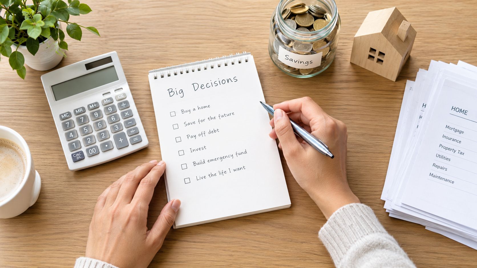 A person writing financial goals on a notebook next to a calculator, savings jar, and home model.