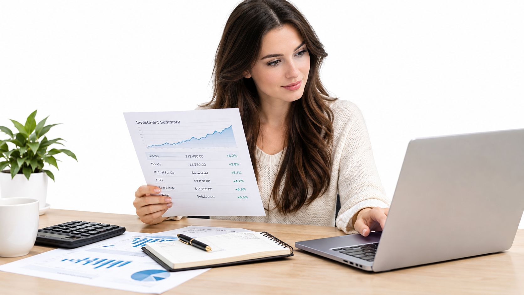 A professional woman examining investment summary documents and financial data on her laptop at an office desk.