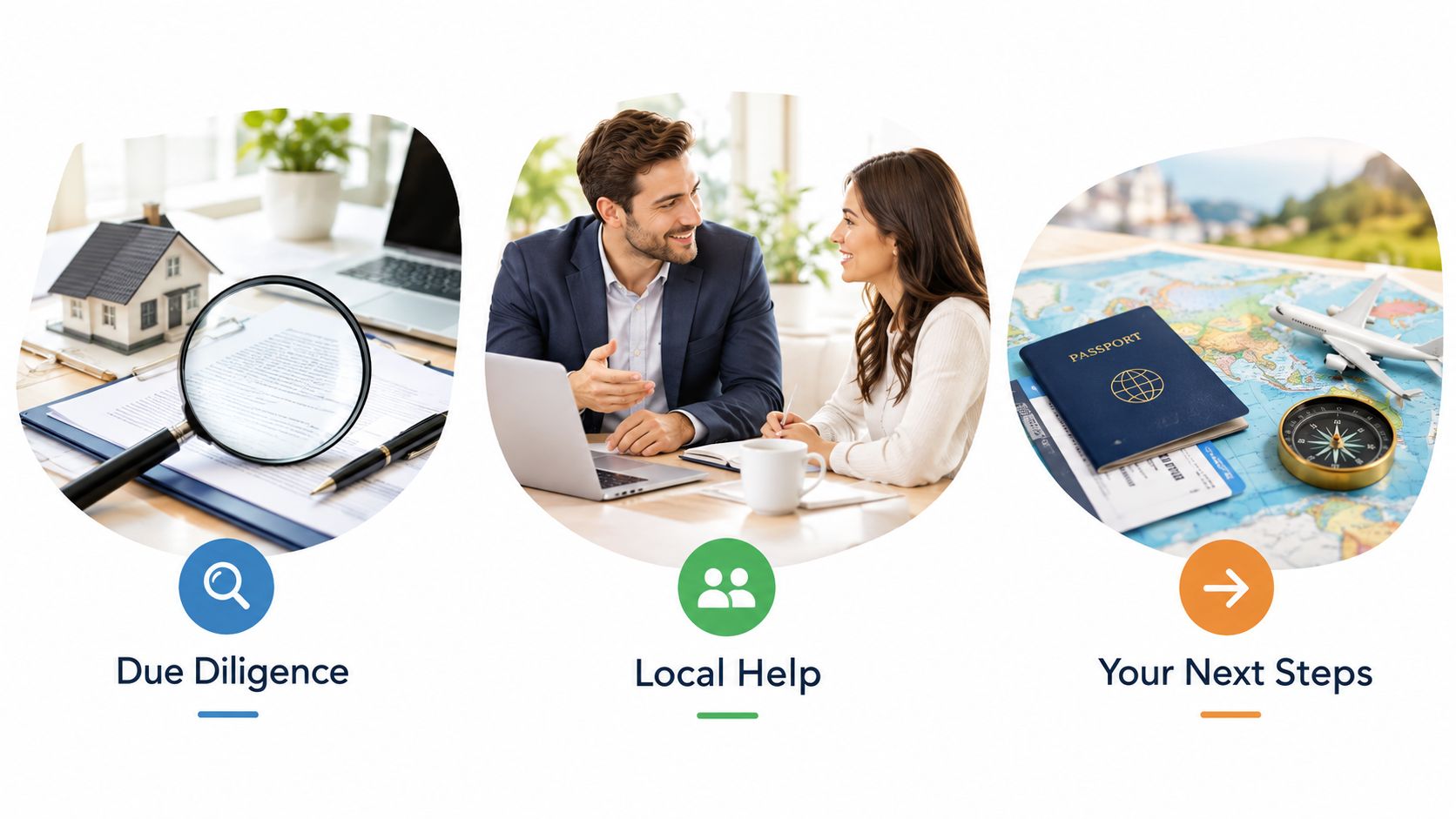 A visual guide illustrating property due diligence, consulting with local experts, and planning international travel steps.