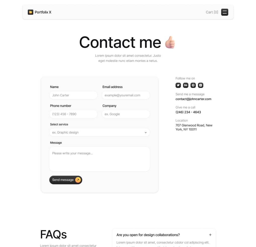 Portfolix X - Contact V1 Page - Personal Portfolio Webflow Template