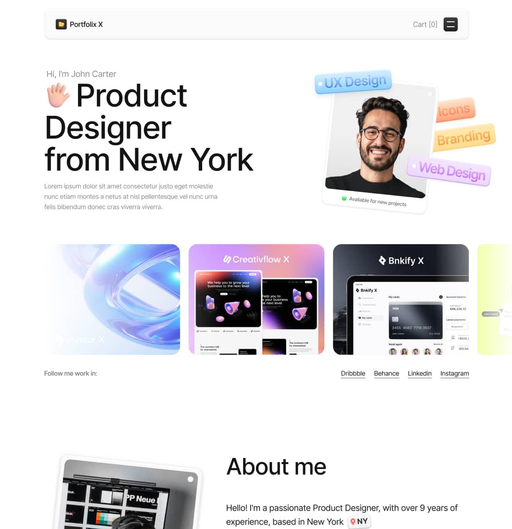 Portfolix X - Home V1 Page - Personal Portfolio Webflow Template