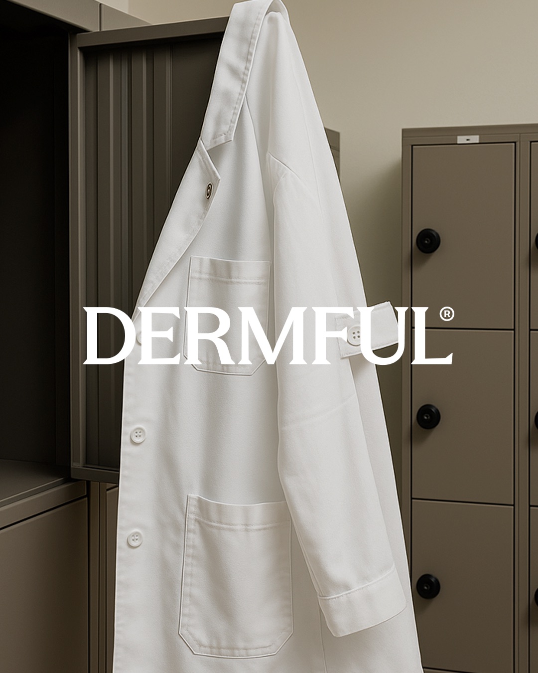 Dermful lab coat hanging in a clinic locker room
